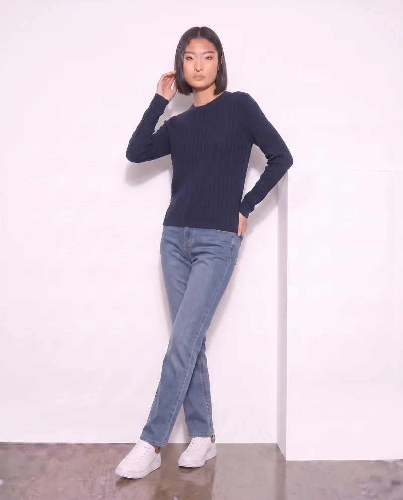 Pullover a trecce manica lunga girocollo - Verde petrolio