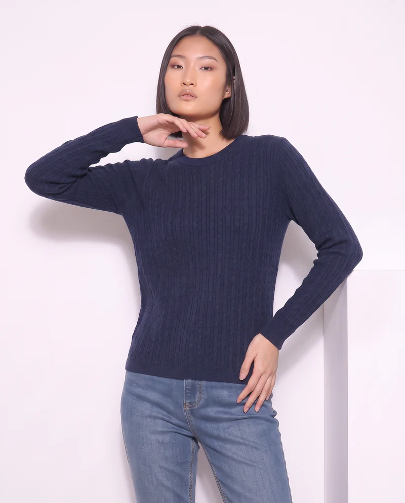 Pullover a trecce manica lunga girocollo - Verde petrolio