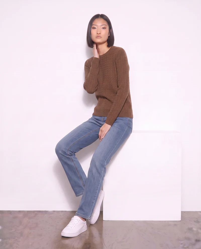 Pullover a trecce manica lunga girocollo - Marrone tabacco