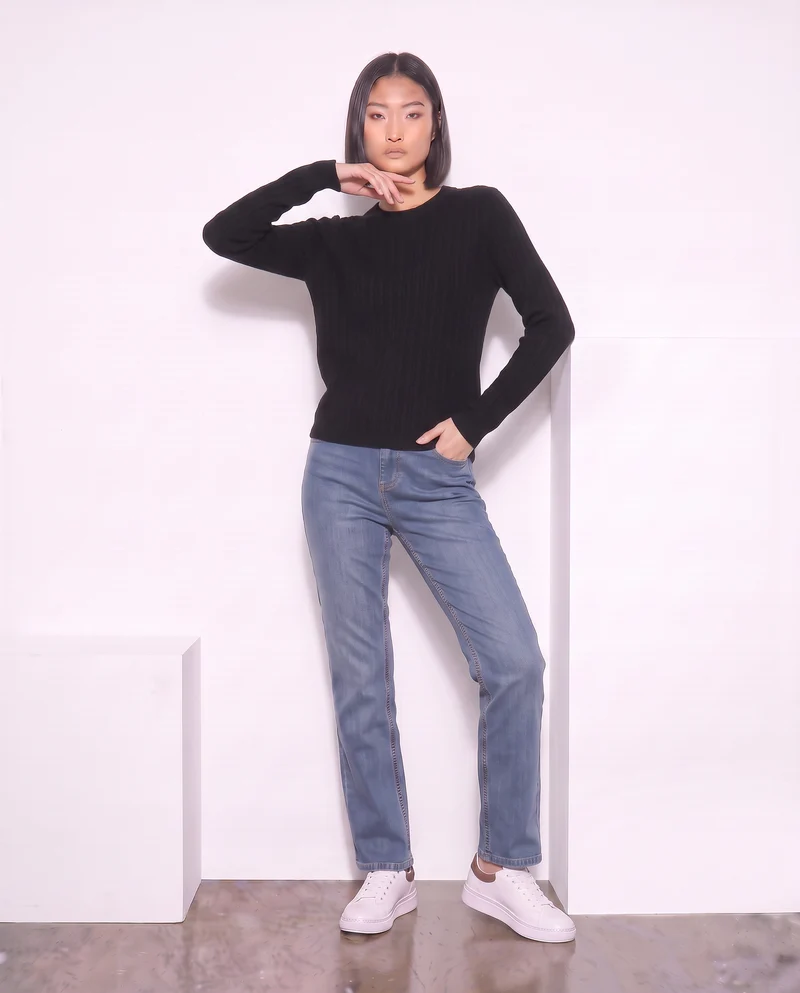 Pullover a trecce manica lunga girocollo - Nero