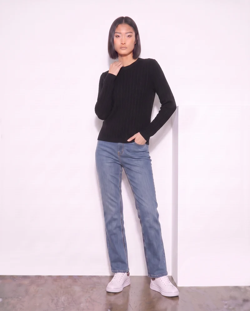 Pullover a trecce manica lunga girocollo - Nero
