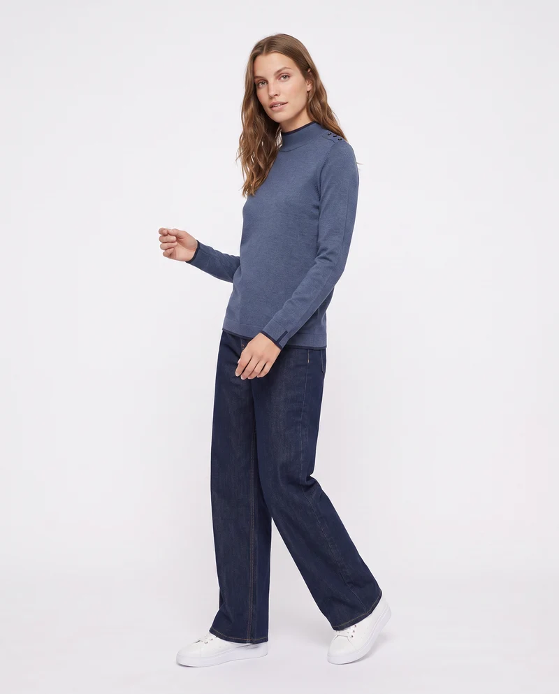 Pullover collo alto con contrasto e bottoni - Denim