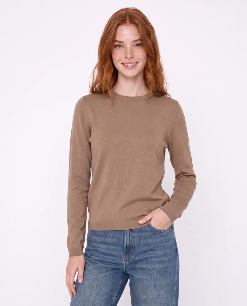 Pullover basico girocollo a manica lunga - Cammello