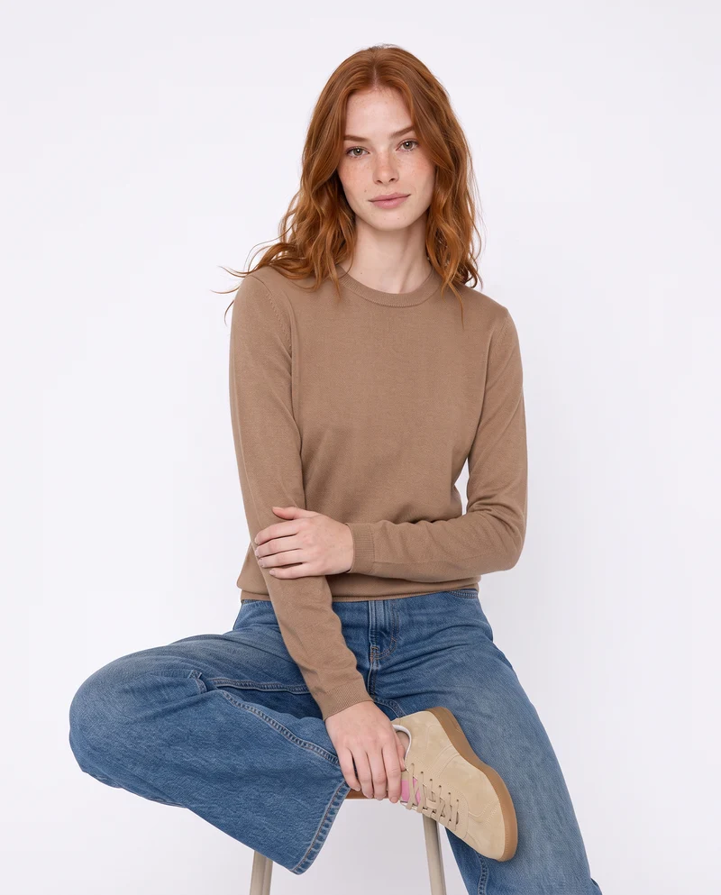 Pullover basico girocollo a manica lunga - Cammello