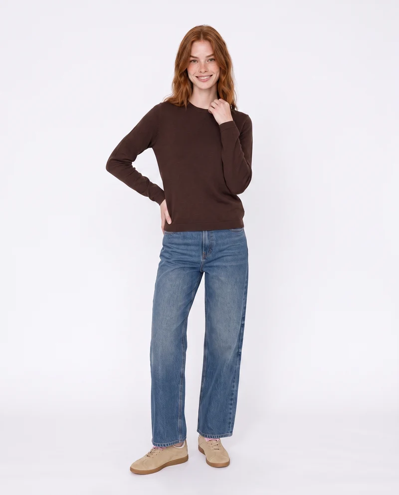 Pullover basico girocollo a manica lunga - Moro