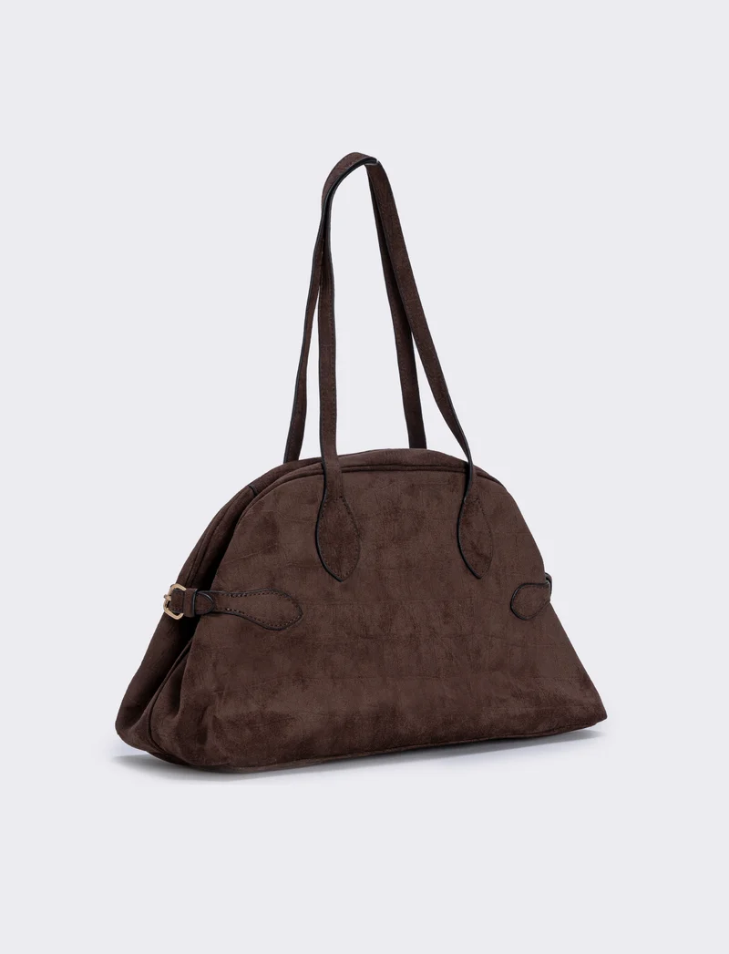 Borsa bowling suede con stampa cocco - Moro