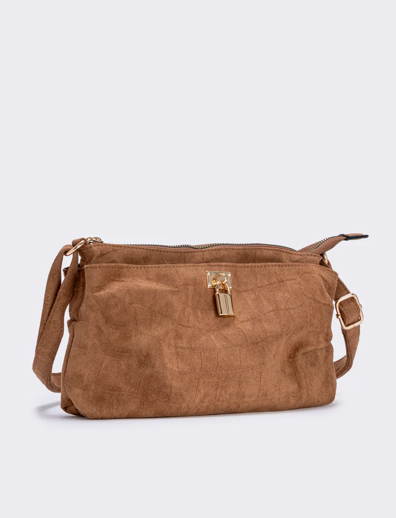 Borsetta suede cocco con lucchetto - Cammello