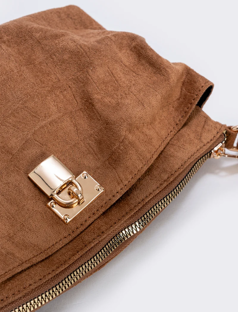 Borsetta suede cocco con lucchetto - Cammello