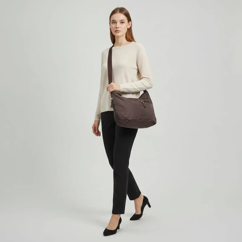 Borsa Mezzaluna Grande in Nylon - Moro