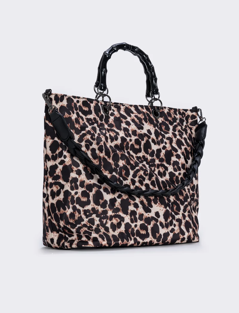 Borsa shopping nylon con manici bamboo - Leopardato
