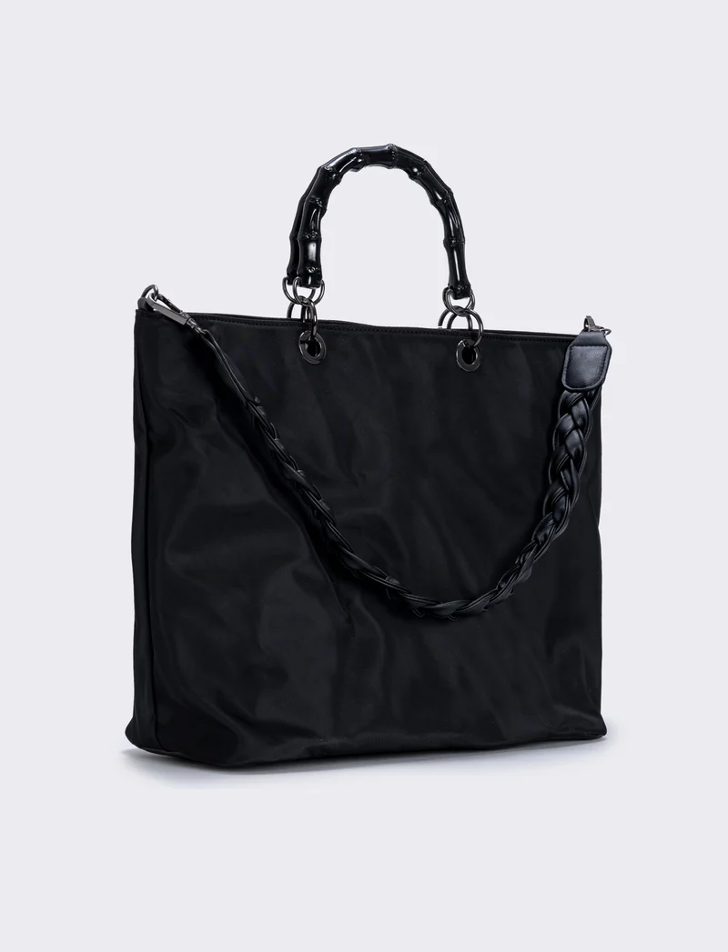 Borsa shopping nylon con manici bamboo - Nero