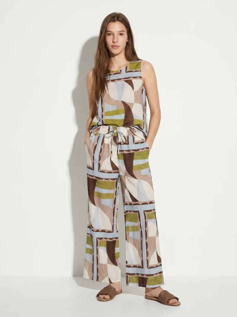 Pantaloni ampi con coulisse e stampa - Verde