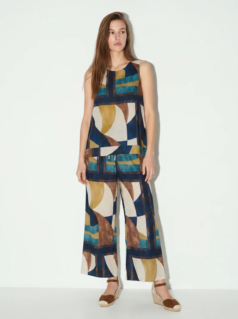 Pantaloni ampi con coulisse e stampa - Blu
