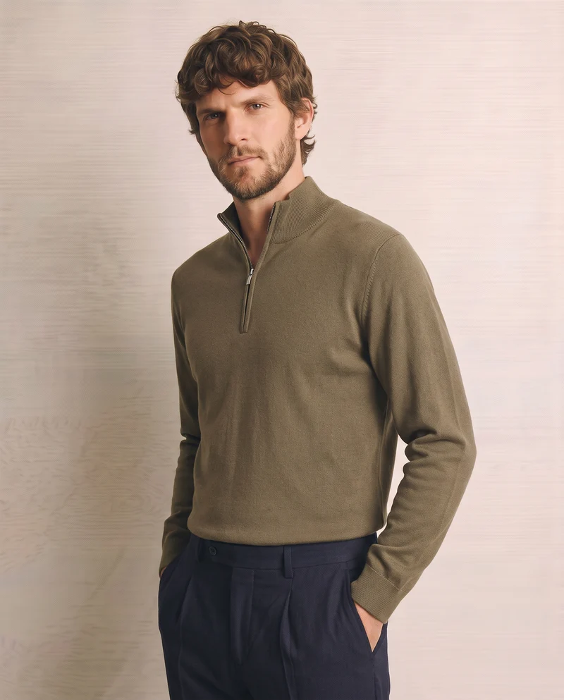Maglia basic collo alto con zip - Verde kaki