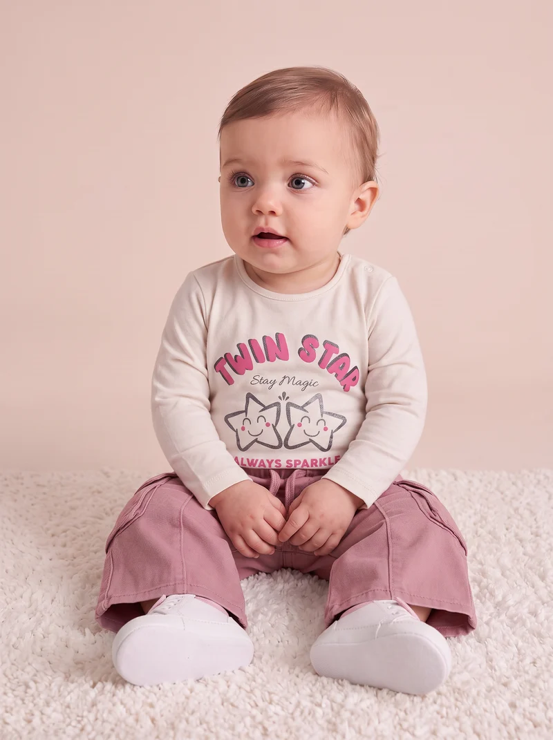 T-shirt basica con stampa brillante - Bianco panna