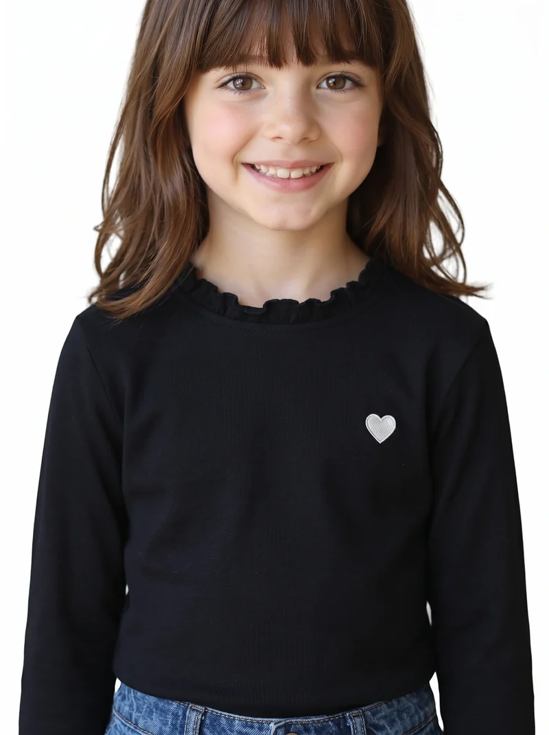 T-shirt manica lunga in cotone rib con fiocco - Nero