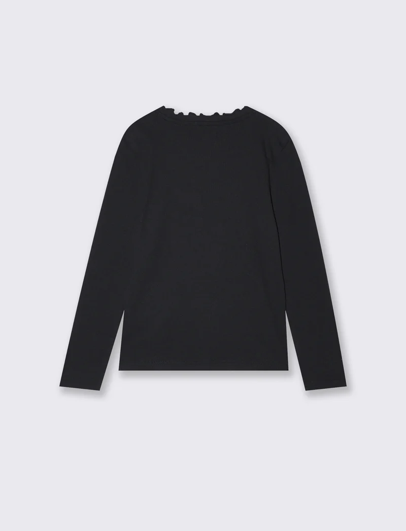 T-shirt manica lunga in cotone rib con fiocco - Nero