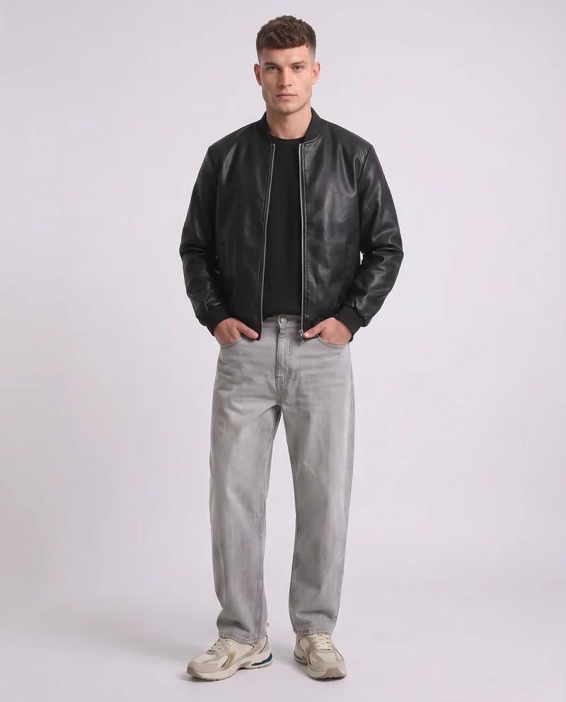 Giubbotto bomber effetto pelle con collo - Nero