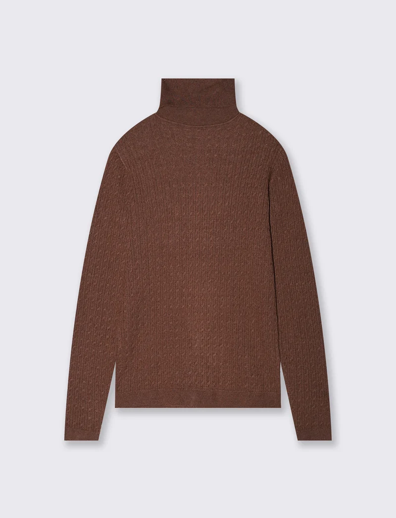 Maglia a trecce con collo alto - Marrone tabacco