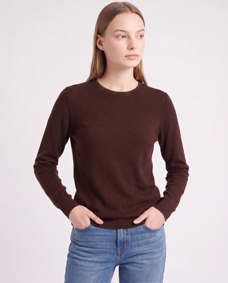 Pullover girocollo con bordino lurex - Moro