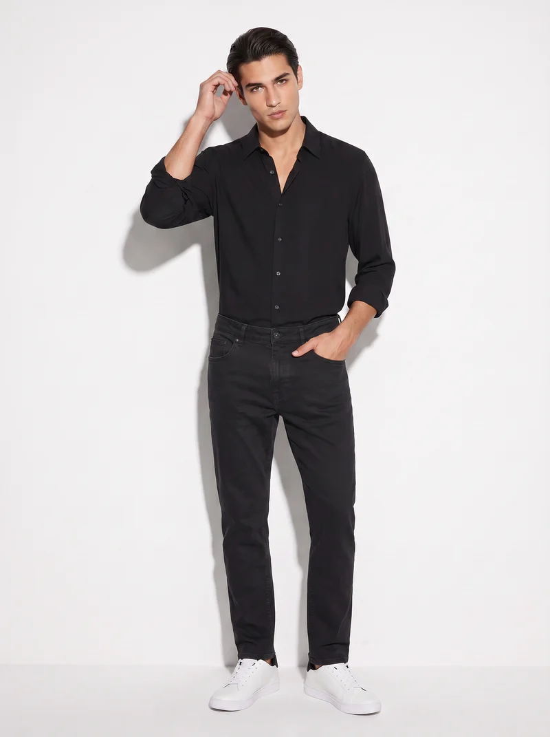 Camicia Regular Fit in Tessuto Tecnico - Nero