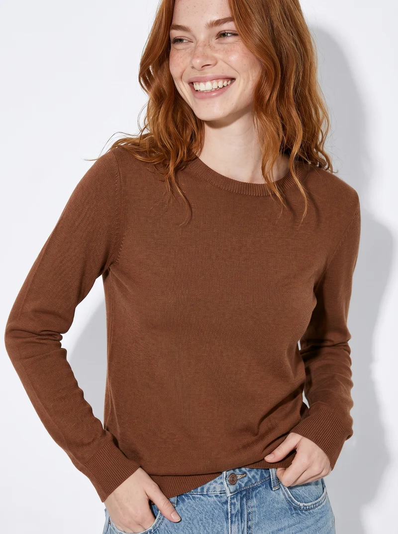 Maglia manica lunga scollo paricollo - Marrone tabacco