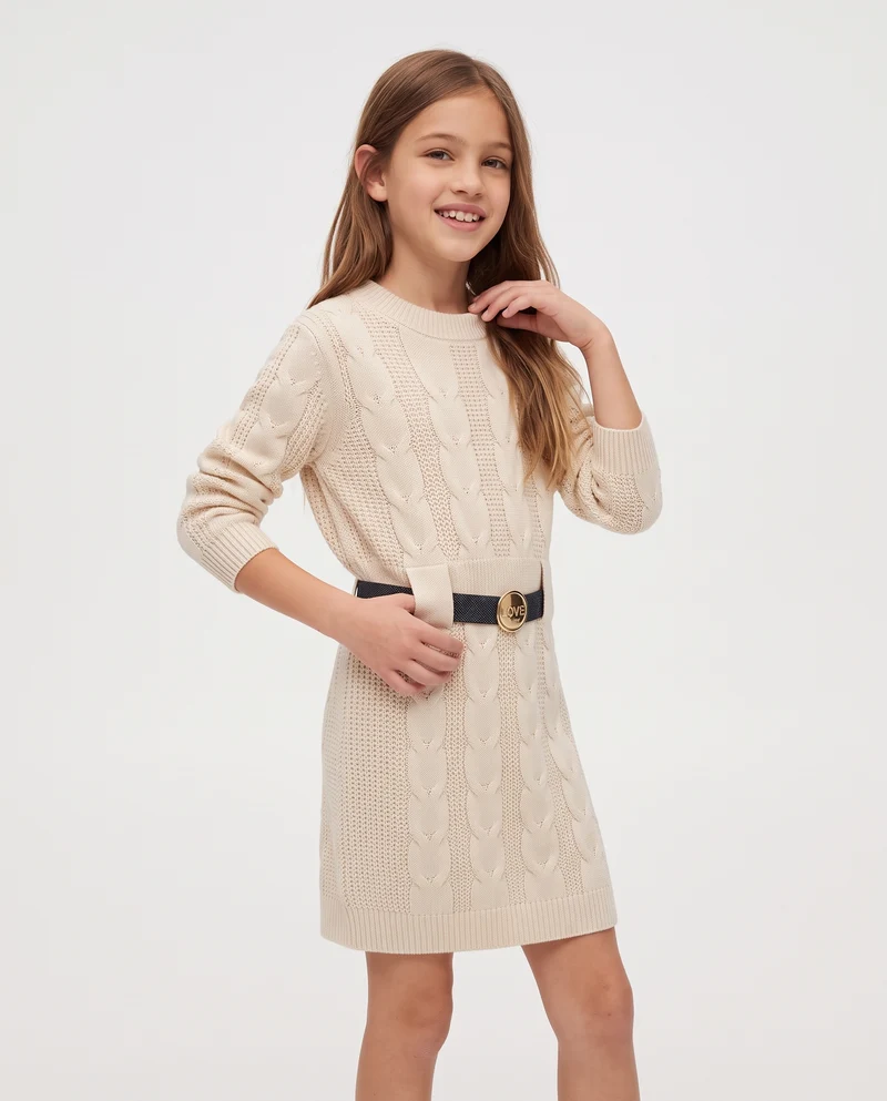 Abito in maglieria con cintura in vita - Beige