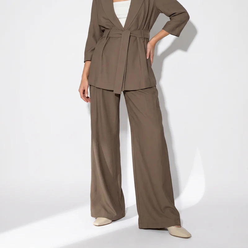 Pantaloni palazzo con pinches e tasche - Grigio fango