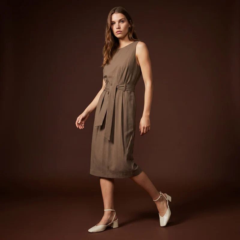 Abito midi halter con cintura in vita - Grigio fango