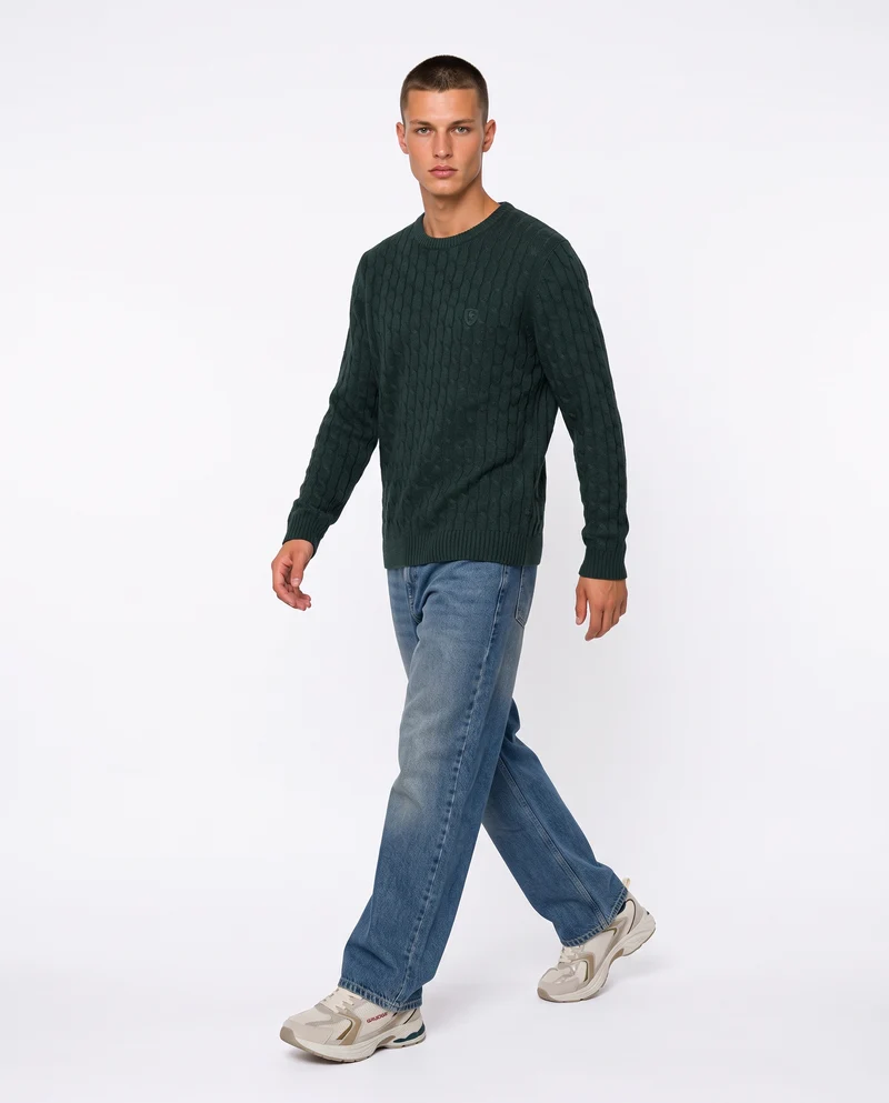 Maglia girocollo a trecce con ricamo - Verde scuro