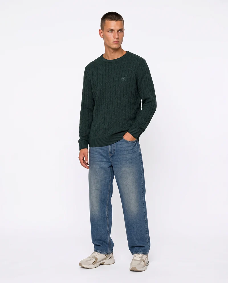 Maglia girocollo a trecce con ricamo - Verde scuro