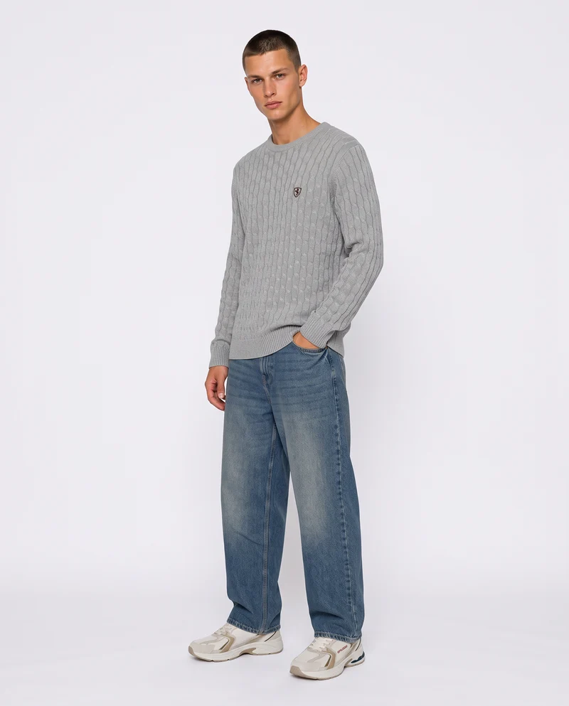 Maglia girocollo a trecce con ricamo - Grigio mel.