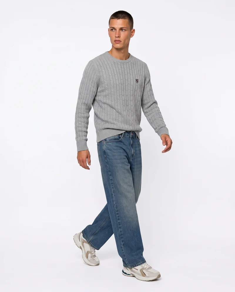 Maglia girocollo a trecce con ricamo - Grigio mel.