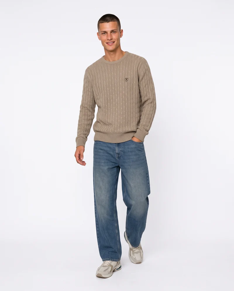 Maglia girocollo a trecce con ricamo - Verde kaki