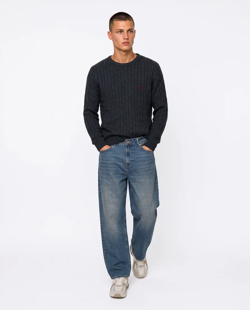 Maglia girocollo a trecce con ricamo - Blu