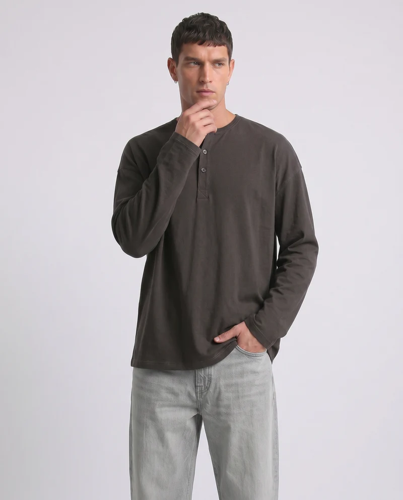 T-shirt Serafino a costine con maniche lunghe - Moro