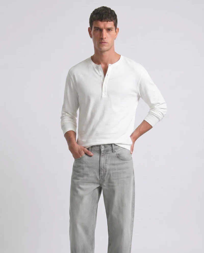 T-shirt Serafino a costine con maniche lunghe - Bianco