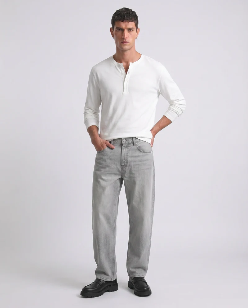 T-shirt Serafino a costine con maniche lunghe - Bianco