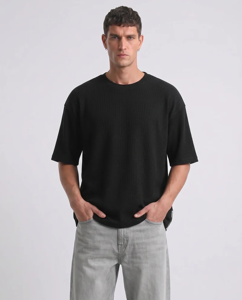 T-shirt Boxy Fit Effetto Maglia Coerente - Nero