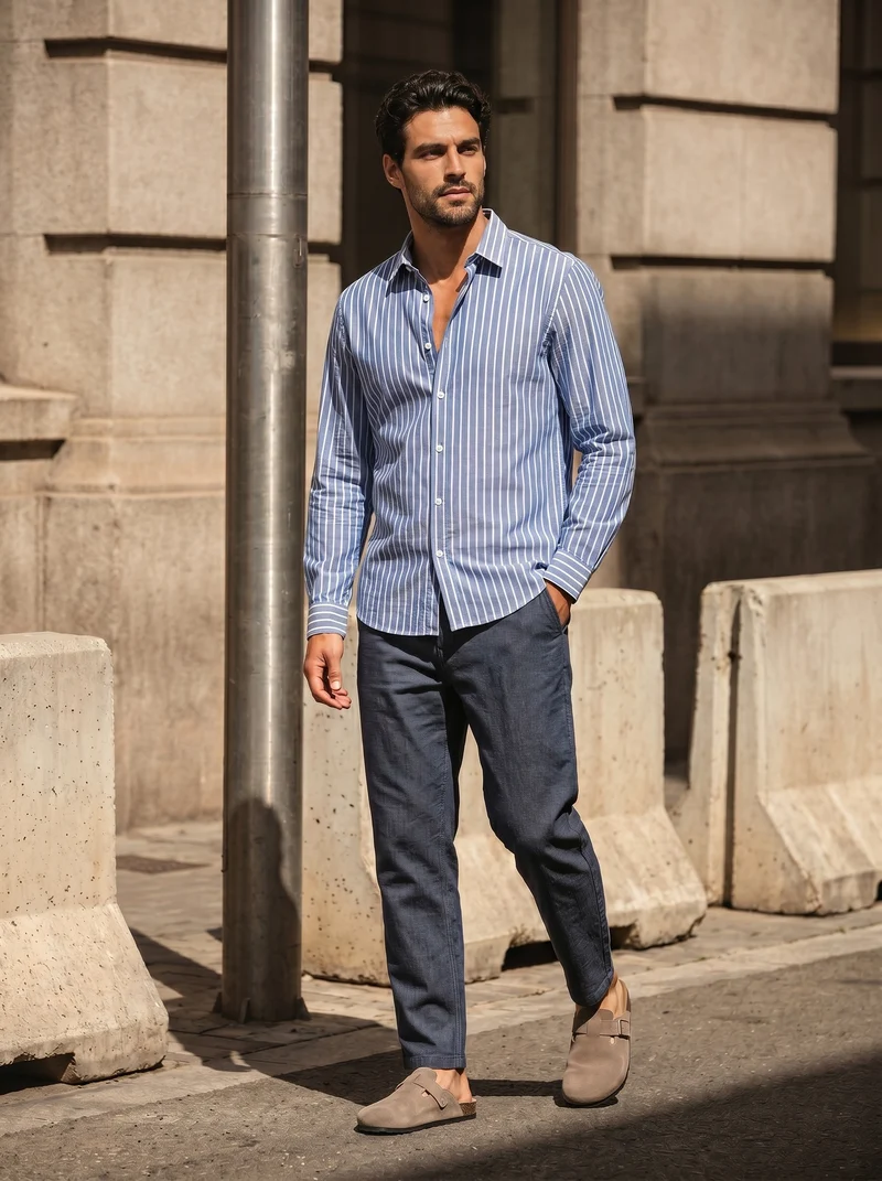 Camicia a righe regular fit in cotone - Celeste