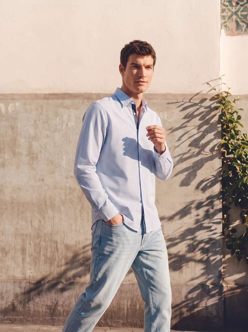 Camicia Regular Fit Easy Iron in Cotone - Azzurro