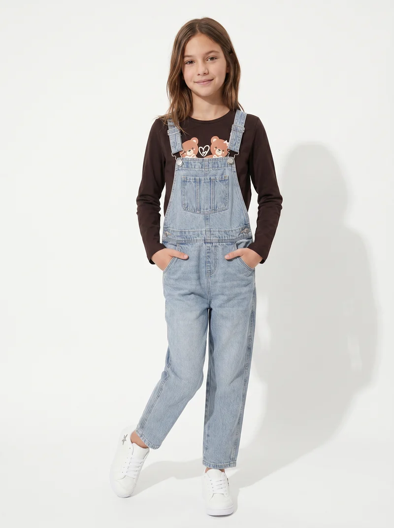Salopette lunga in denim con bretelle regolabili - Denim chiaro