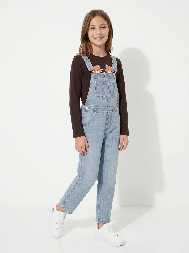 Salopette lunga in denim con bretelle regolabili - Denim chiaro