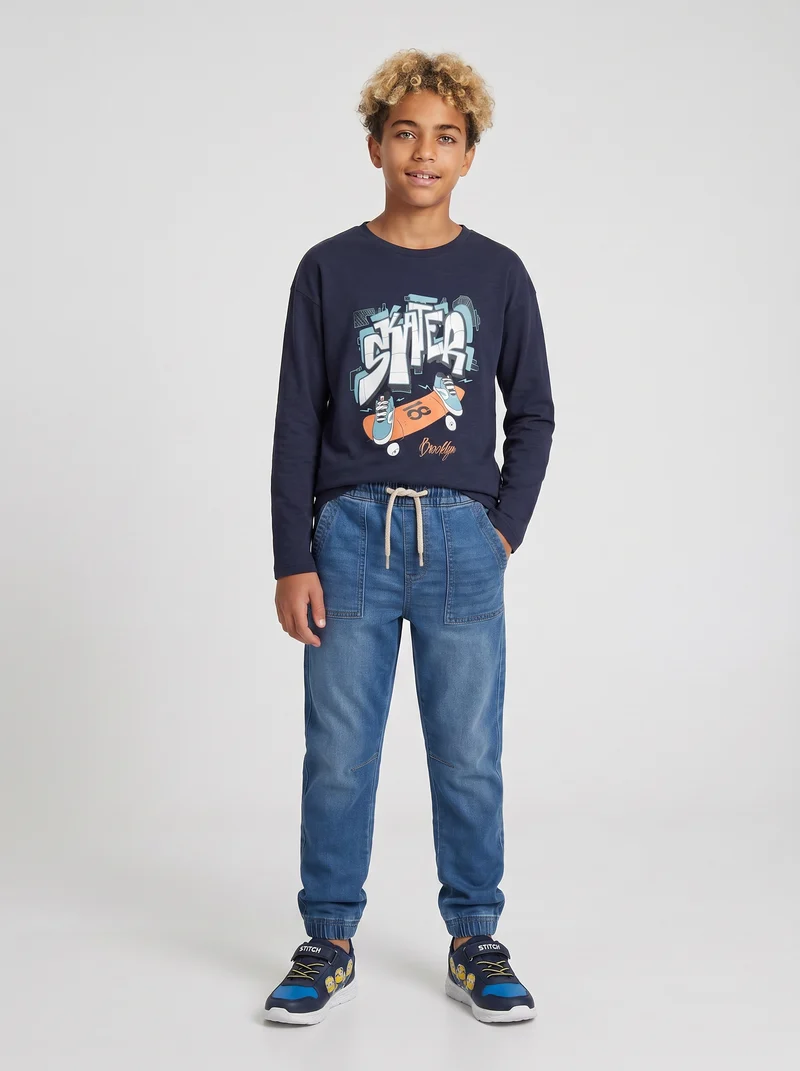 T-shirt maniche lunghe in jersey fiammato - Blu