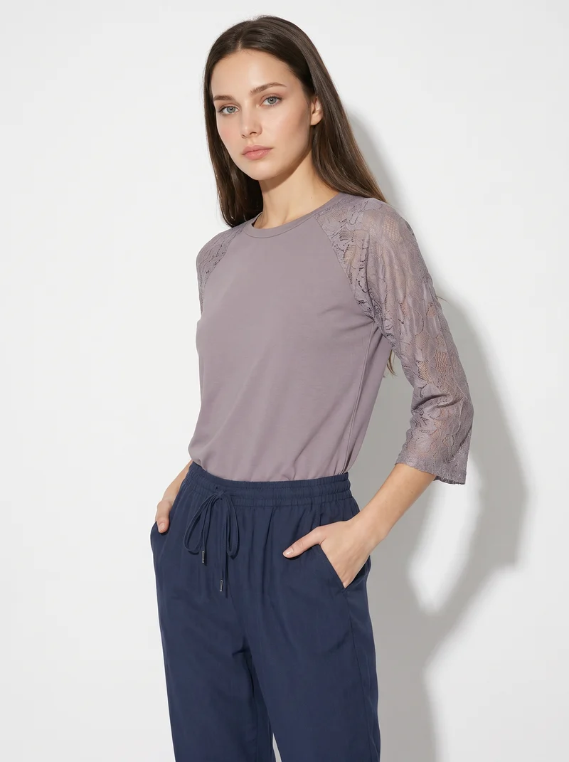 T-shirt manica a tre quarti in pizzo - Viola glicine