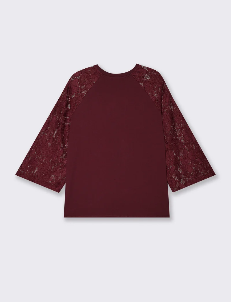 T-shirt manica a tre quarti in pizzo - Viola prugna
