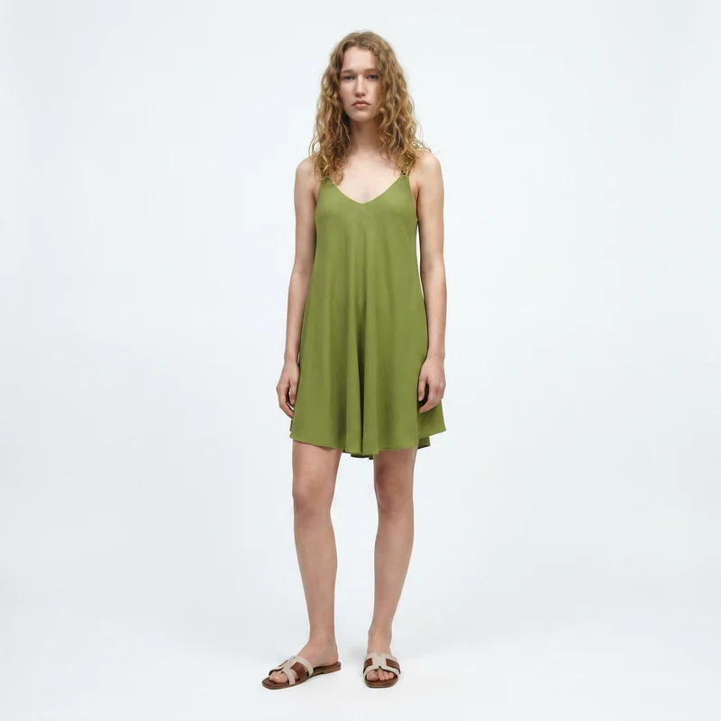 Abito Midi con Bretelle Decorate e Morbido - Verde pistacchio