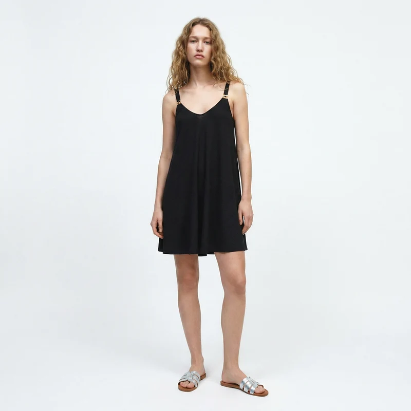Abito Midi con Bretelle Decorate e Morbido - Nero