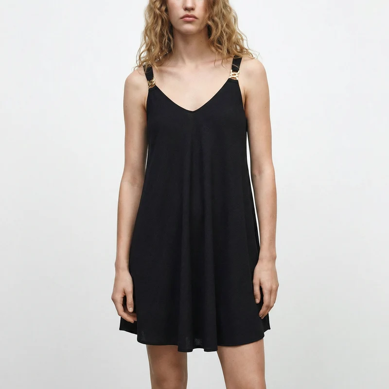 Abito Midi con Bretelle Decorate e Morbido - Nero
