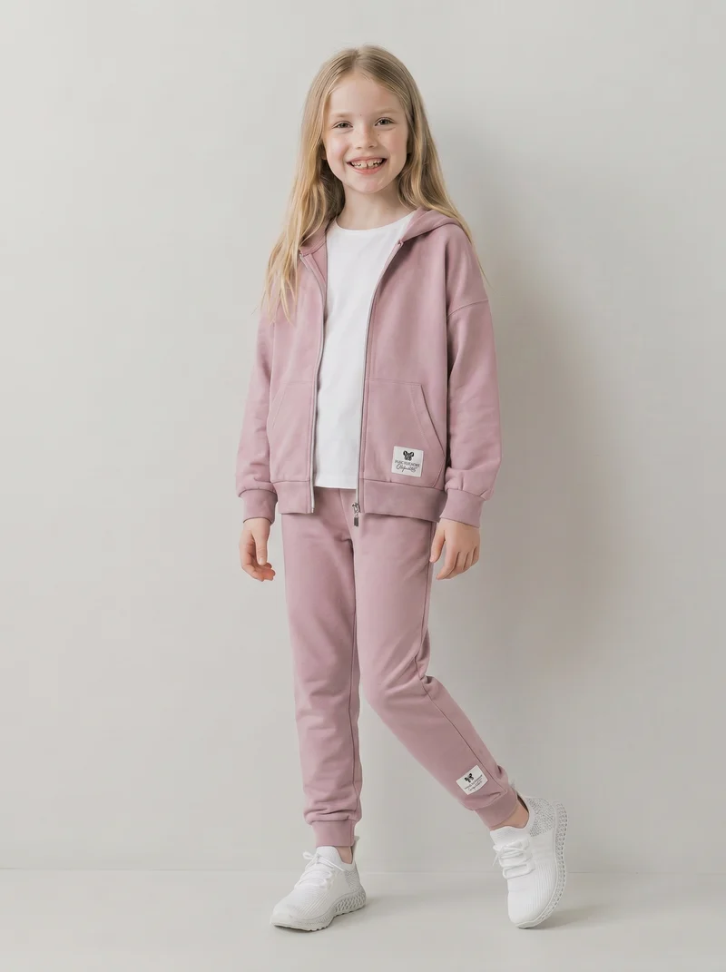 Felpa in french terry con zip e cappuccio - Rosa polvere